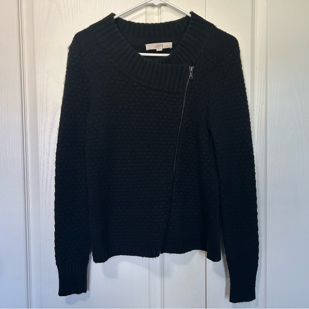 LOFT Black Cable Knit Sweater Asymmetrical Zipper Small